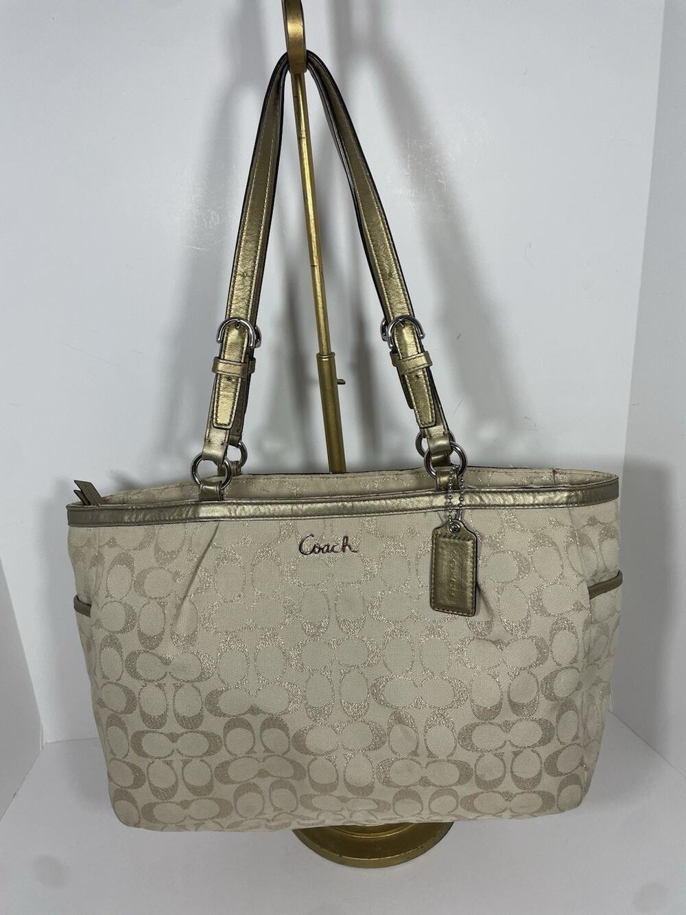 Coach East West Gallery Metallic Khaki Gold Purse Tote Hand Shoulder Bag F17724